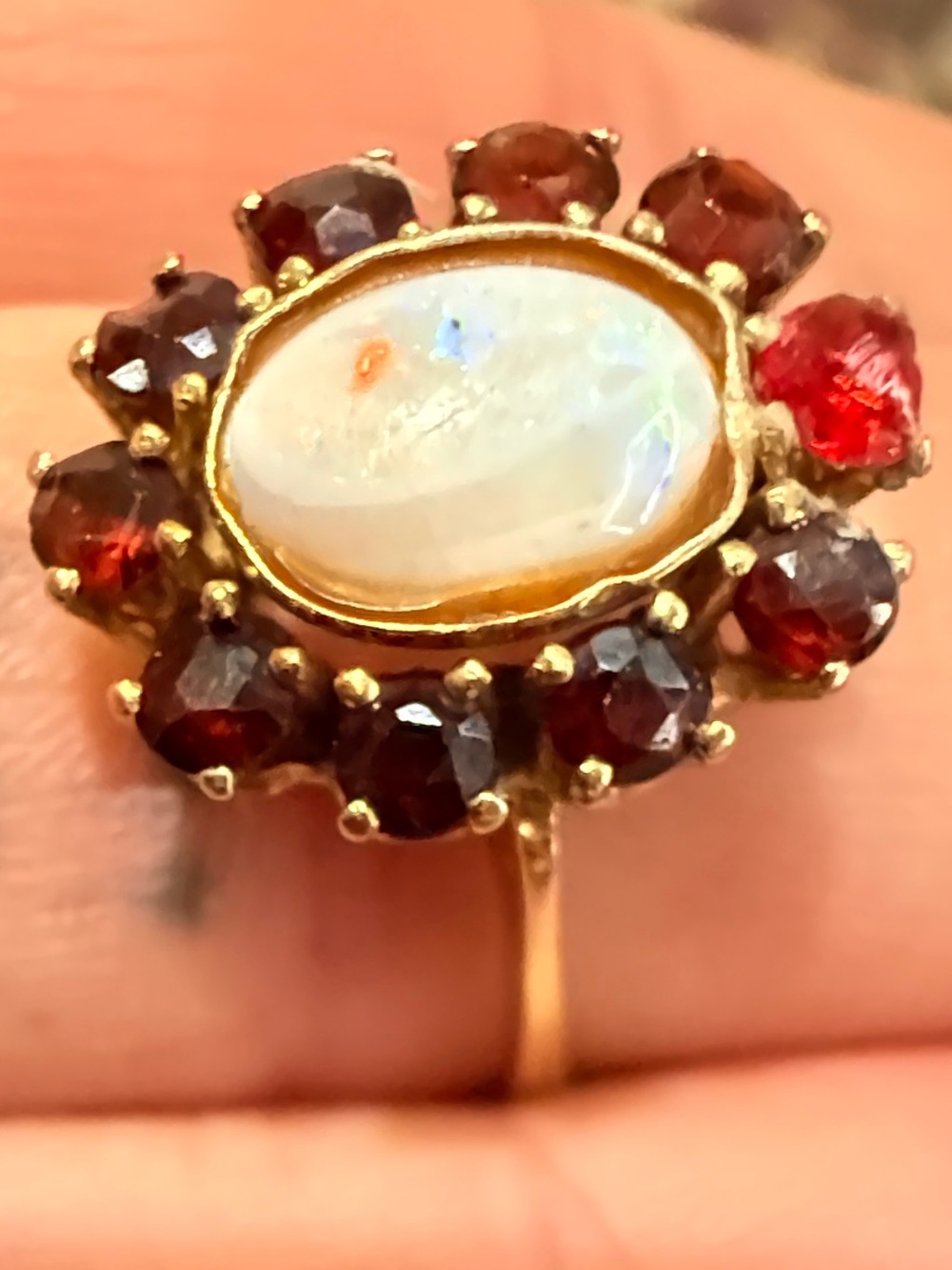 Vintage 14kt Gold Opal & Garnet
"Flower Cluster" Cocktail Ring Sz 6 1/2 - Picture 16 of 16
